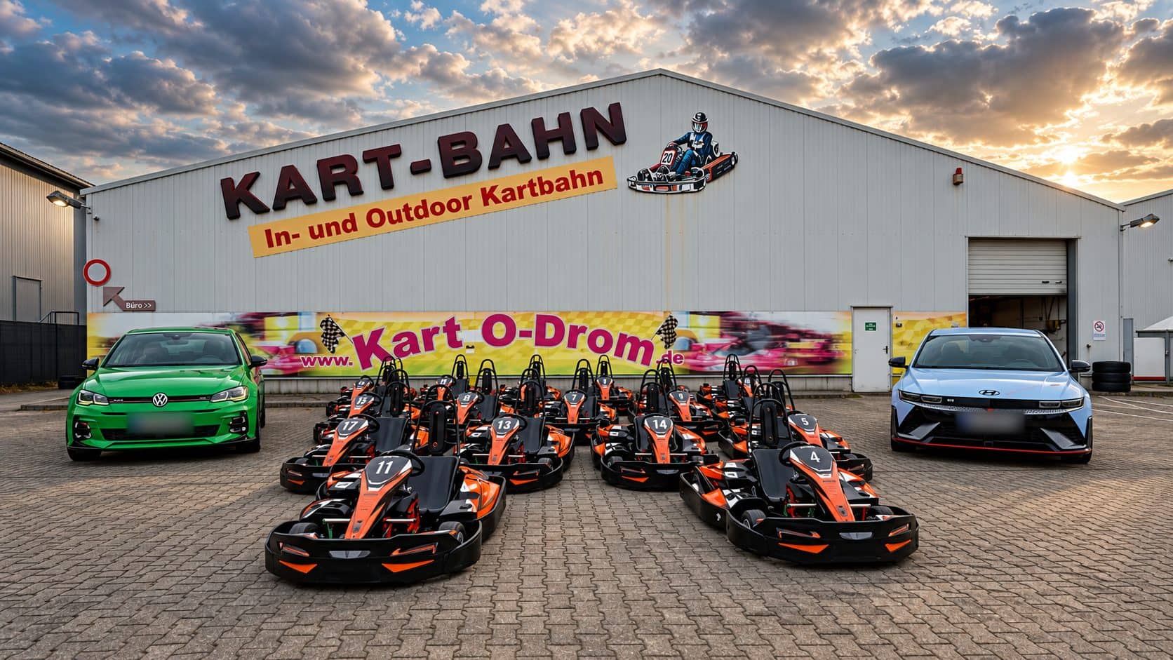 Rennkarts vor der Kartbahn-Halle des Kart-O-Drom in Rastede